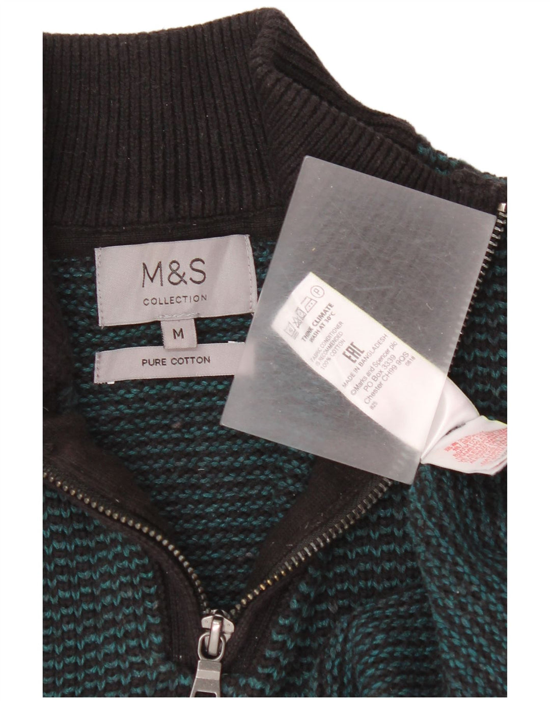 Marks & Spencer Męski sweter z zamkiem błyskawicznym, bawełniany, w średnie zielone paski