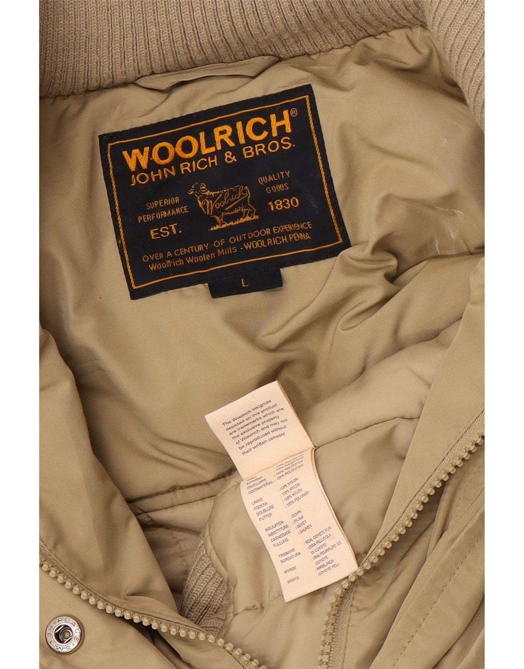 Damska ocieplana kurtka z kapturem Woolrich UK 16, duża, beżowa, poliester