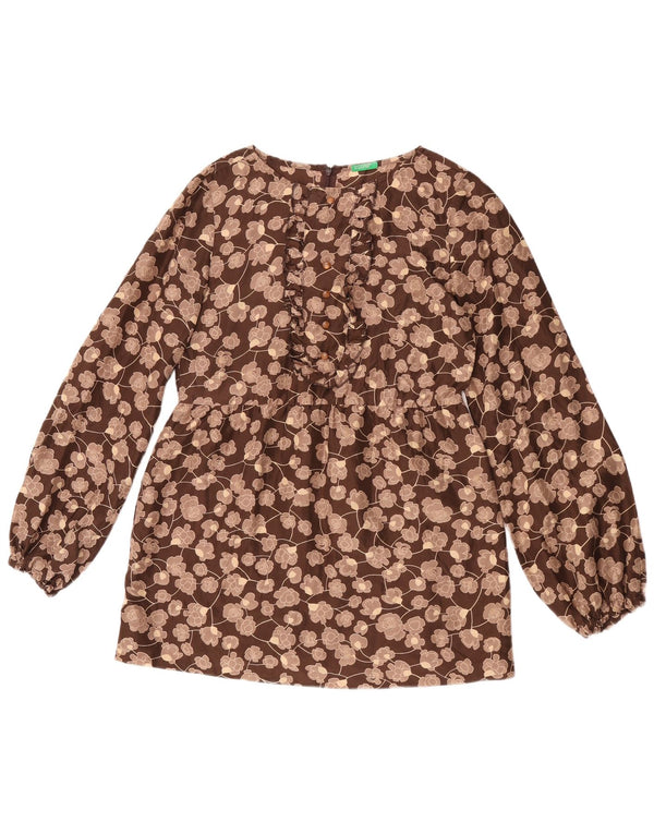 Damska bluzka z długim rękawem Benetton Top UK 10 Small Brown Floral Jedwab