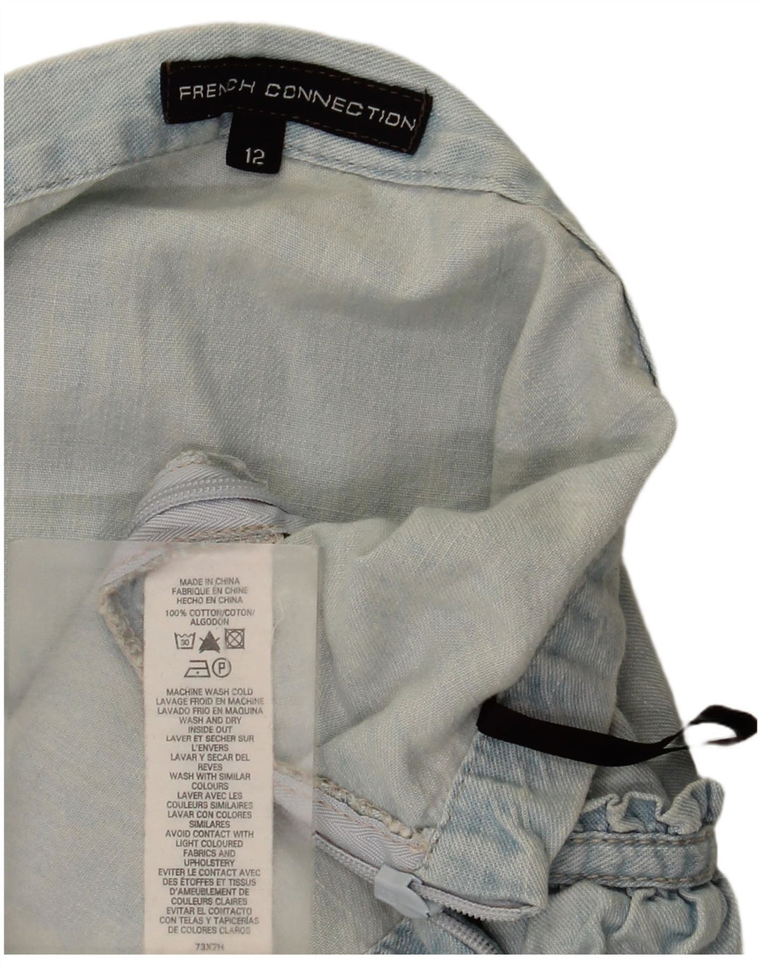 Damska spódnica jeansowa French Connection Mini z falbaną UK 12 Medium W32 niebieska