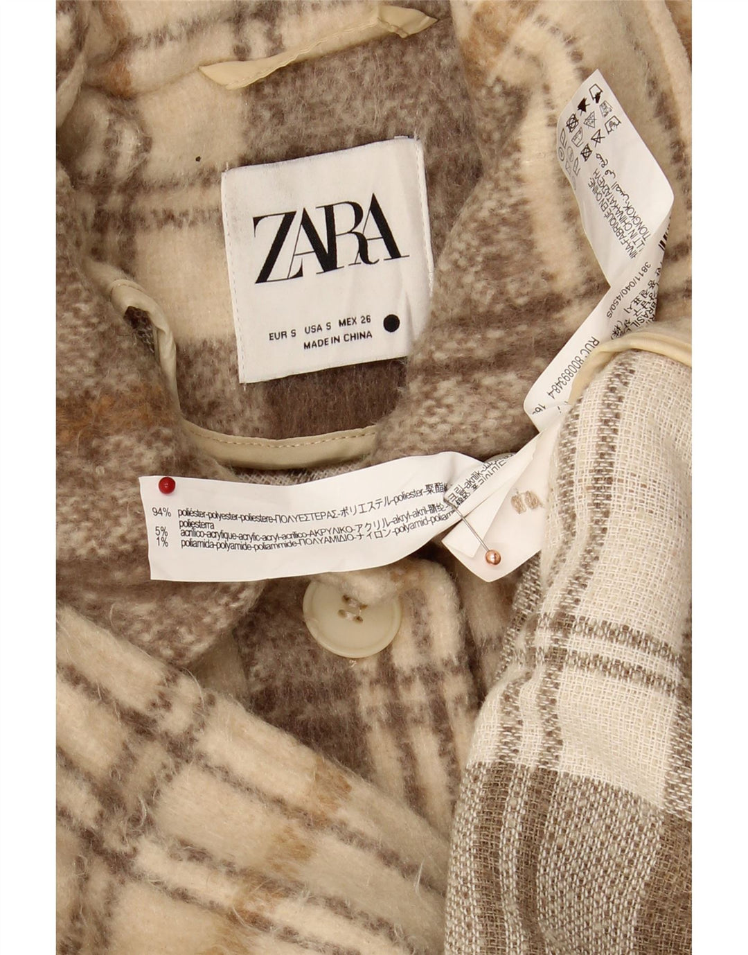 ZARA Womens Oversized Bomber Jacket UK 10 Small Beige Check Polyester