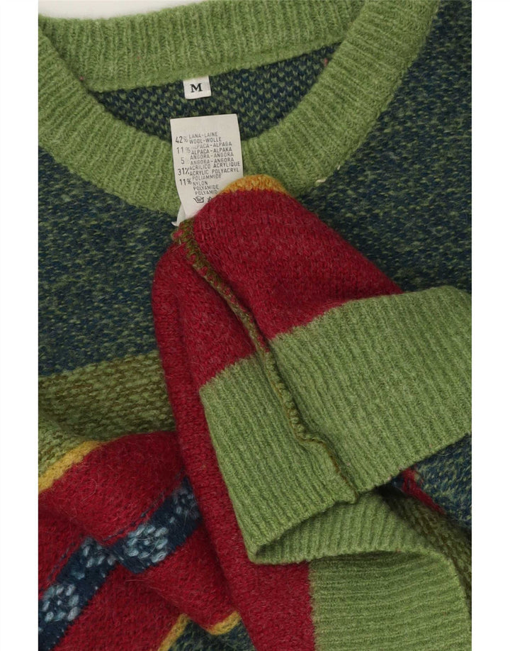 Męski sweter z okrągłym dekoltem w stylu vintage, wełniany w średnie zielone paski