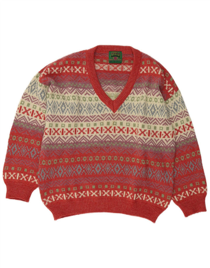 Vintage męski sweter z dekoltem w kształcie litery V, duży, wielobarwny, wełniany Fair Isle