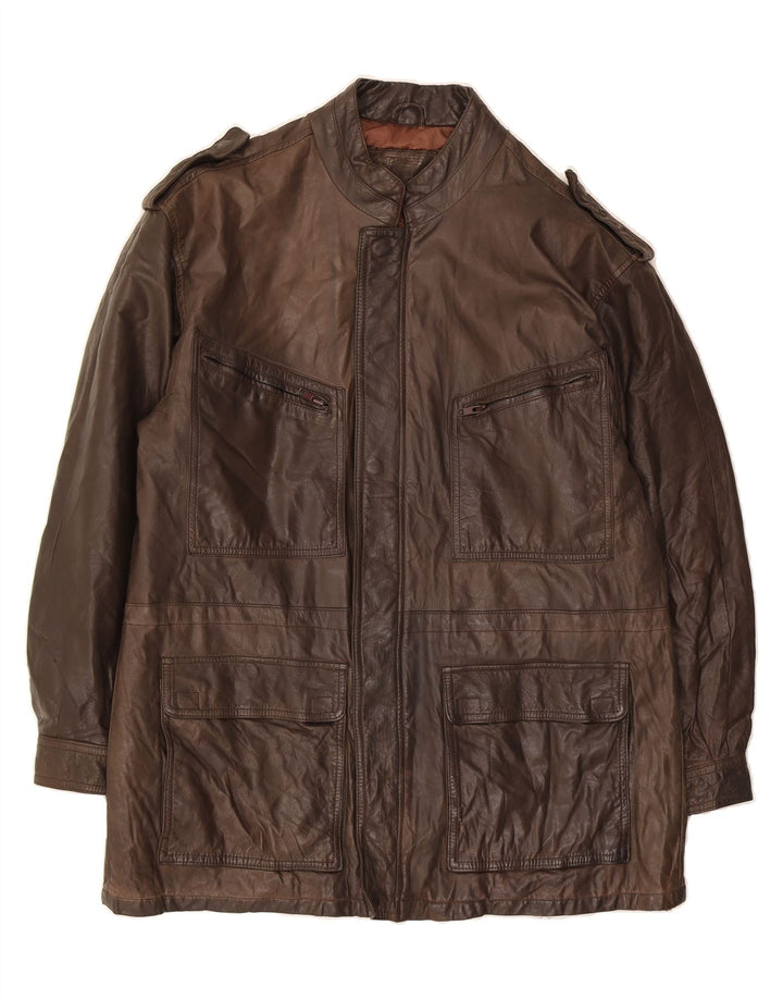 VINTAGE Mens Military Leather Coat UK 38 Medium Brown Vintage Vintage and Second-Hand Vintage from Messina Hembry 