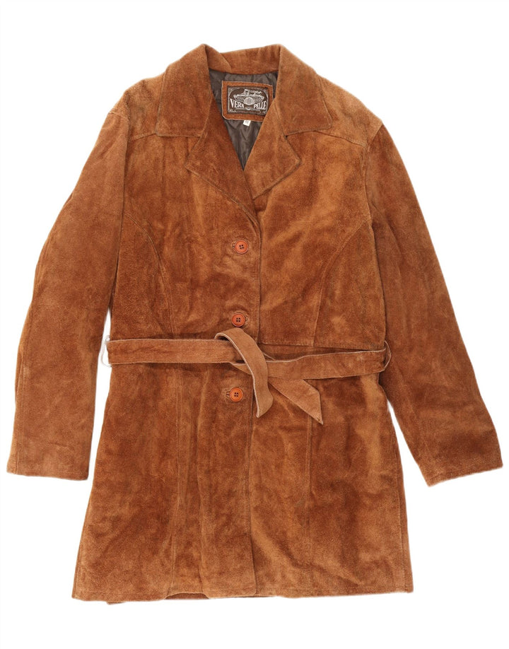 Zamszowy płaszcz damski w stylu vintage IT 46, duży, brązowy, skórzany