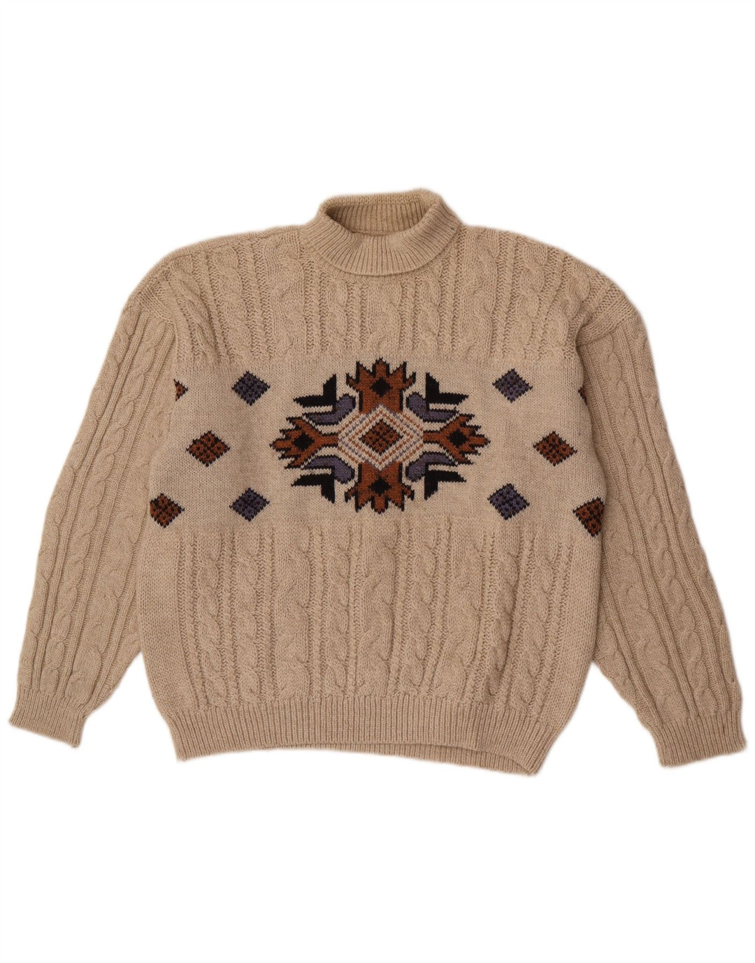 Vintage męski sweter z wywijanym dekoltem, średnio beżowy, geometryczny