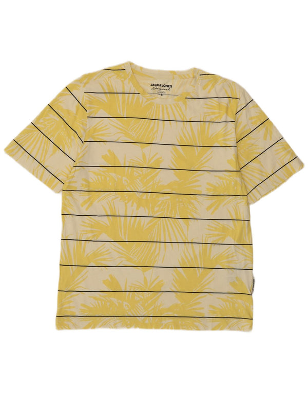 Jack & Jones Mens T-Shirt Top Small Yellow Striped Cotton Hawaiian