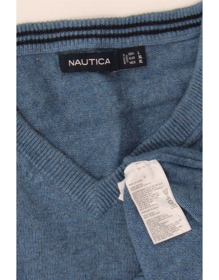 Męski sweter Nautica z dekoltem w kształcie litery V, duży, niebieski, bawełniany