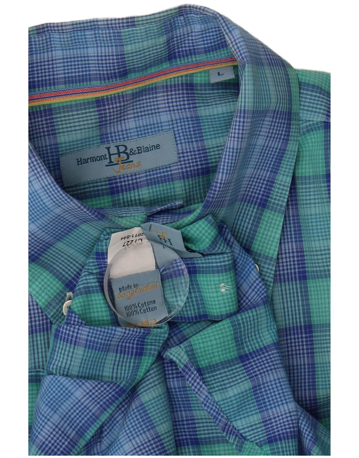 HARMONT & BLAINE Mens Short Sleeve Shirt Large Blue Check Cotton