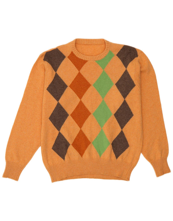 Vintage męski sweter z okrągłym dekoltem, średni pomarańczowy Argyle/diament