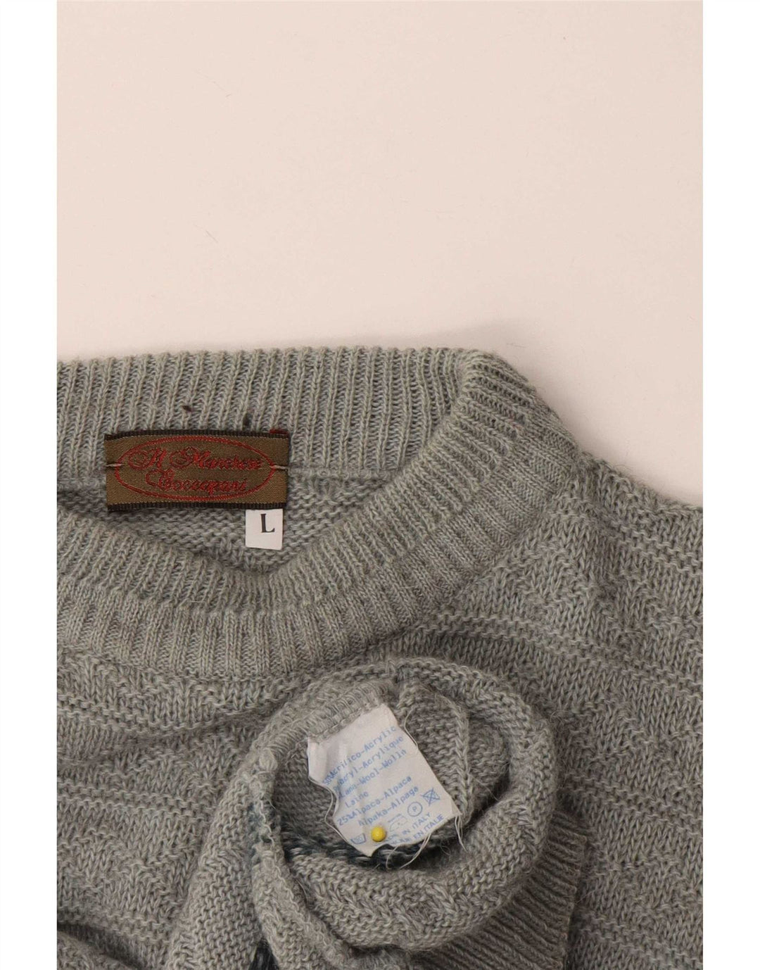 Vintage męski sweter z wycięciem pod szyją, duży, szary, geometryczny akryl