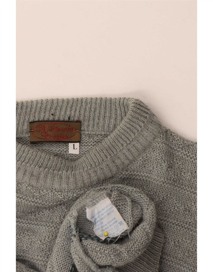 Vintage męski sweter z wycięciem pod szyją, duży, szary, geometryczny akryl