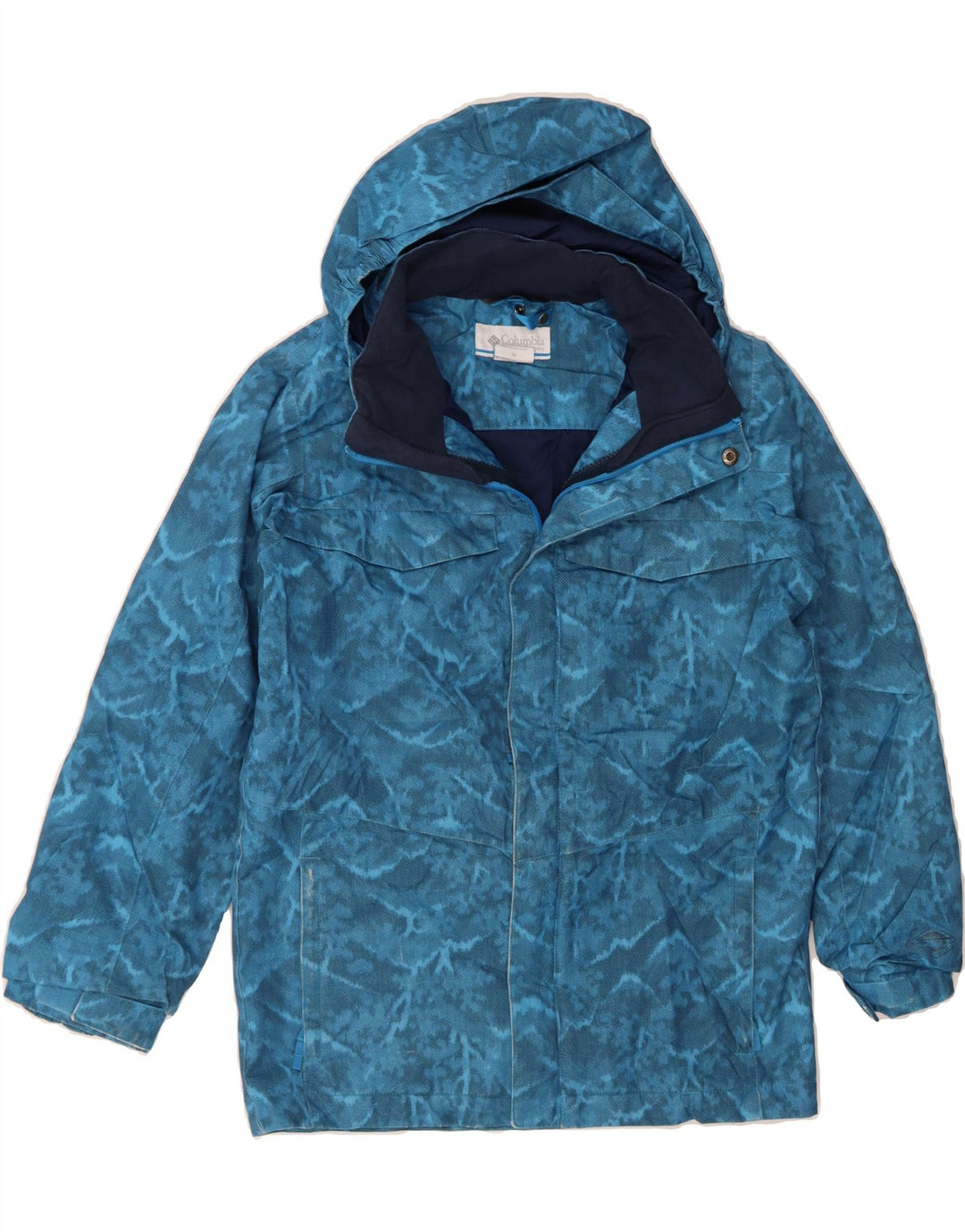 COLUMBIA Womens Abstract Pattern Windbreaker Jacket UK 14 Medium Blue Vintage Columbia and Second-Hand Columbia from Messina Hembry 