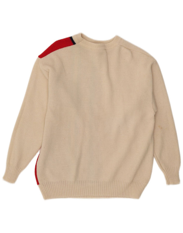 Sweter damski w stylu vintage z dekoltem w łódkę IT 52 2XL Biała wełna z blokami kolorów