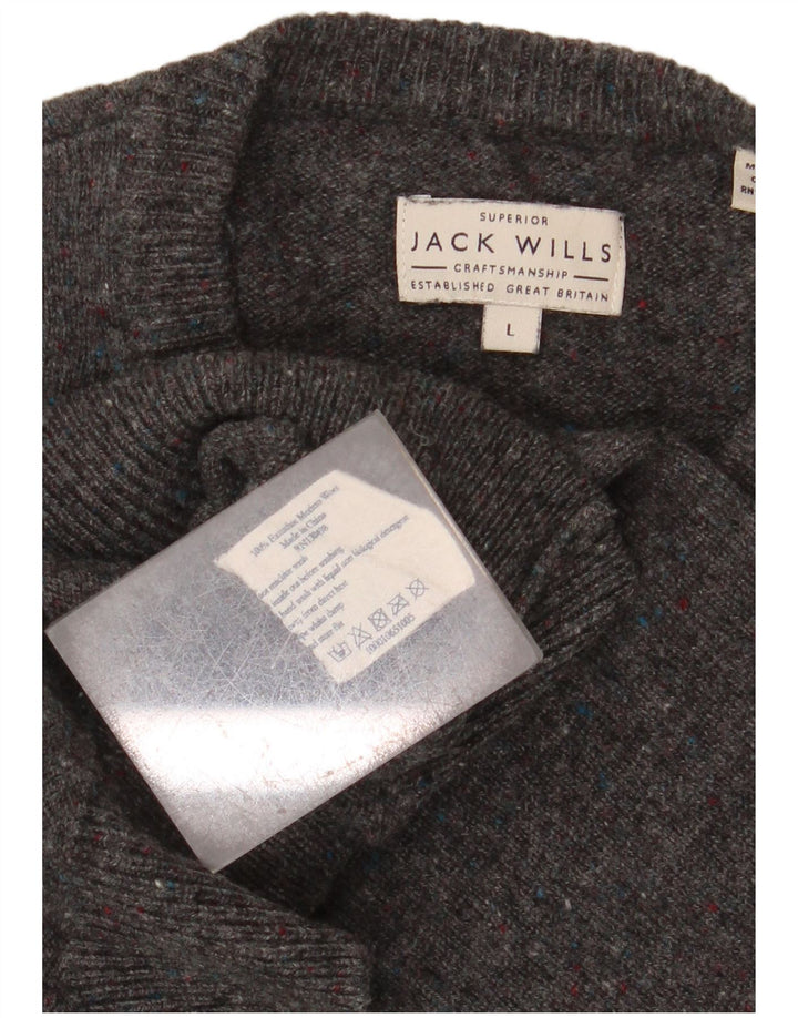JACK WILLS Męski sweter z okrągłym dekoltem, duży, szary, nakrapiany, z wełny merynosów