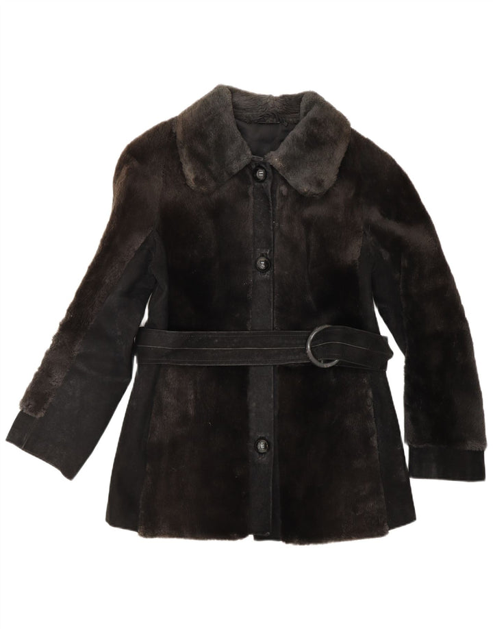 Vintage damska zamszowa kurtka ze sztucznego futra UK 12, średni brąz