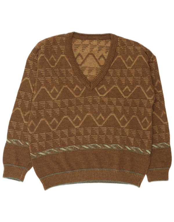 Vintage męski sweter z dekoltem w kształcie litery V, XL, brązowy, geometryczny