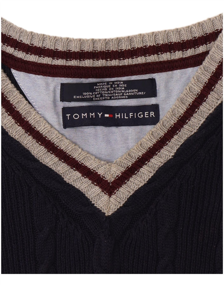 TOMMY HILFIGER Męski sweter z dekoltem w kształcie litery V XL, granatowy, bawełniany w bloki kolorów