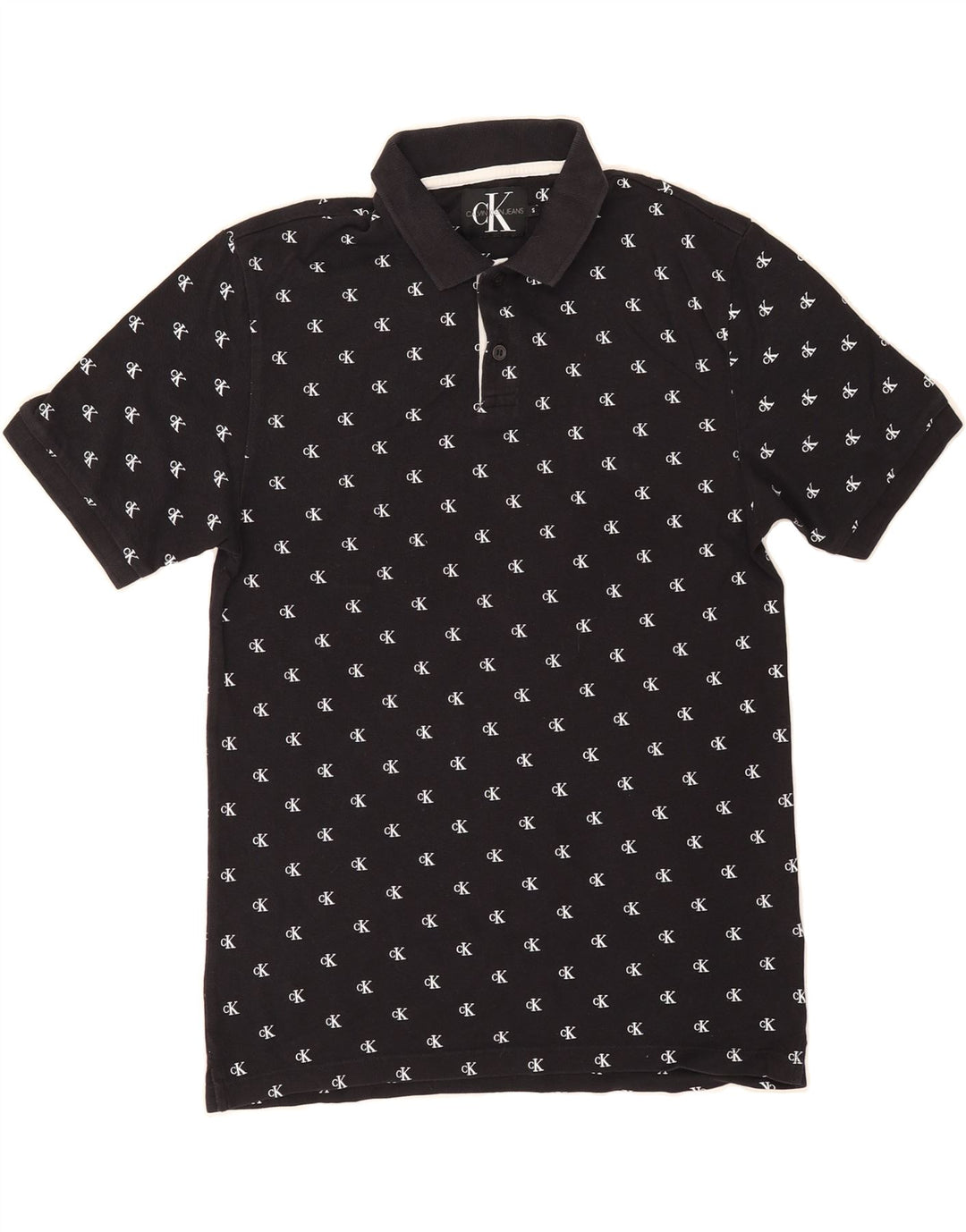 CALVIN KLEIN JEANS Mens Abstract Pattern Polo Shirt Small Black Cotton Vintage Calvin Klein Jeans and Second-Hand Calvin Klein Jeans from Messina Hembry 
