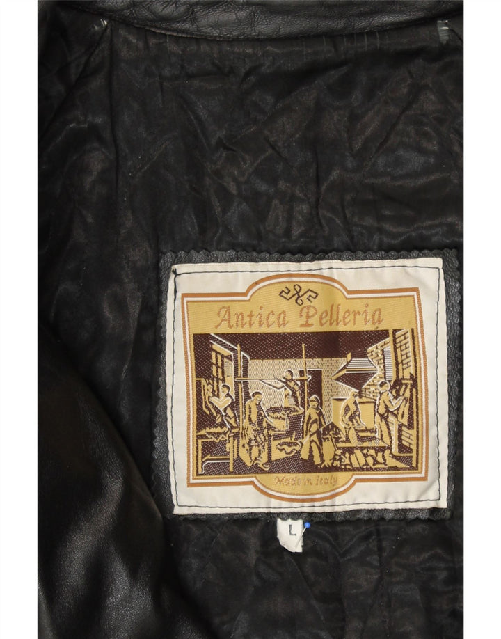 ANTICA PELLERIA Damski płaszcz dwurzędowy UK 16, duży, czarny, skórzany