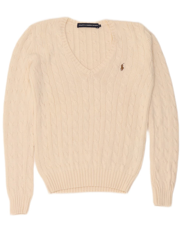 Damski sweter z dekoltem w kształcie litery V, Ralph Lauren, UK 10, mały, z białej bawełny