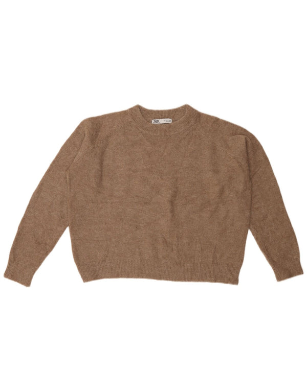 Damski sweter ZARA z okrągłym dekoltem UK 16, duży, brązowy nylon