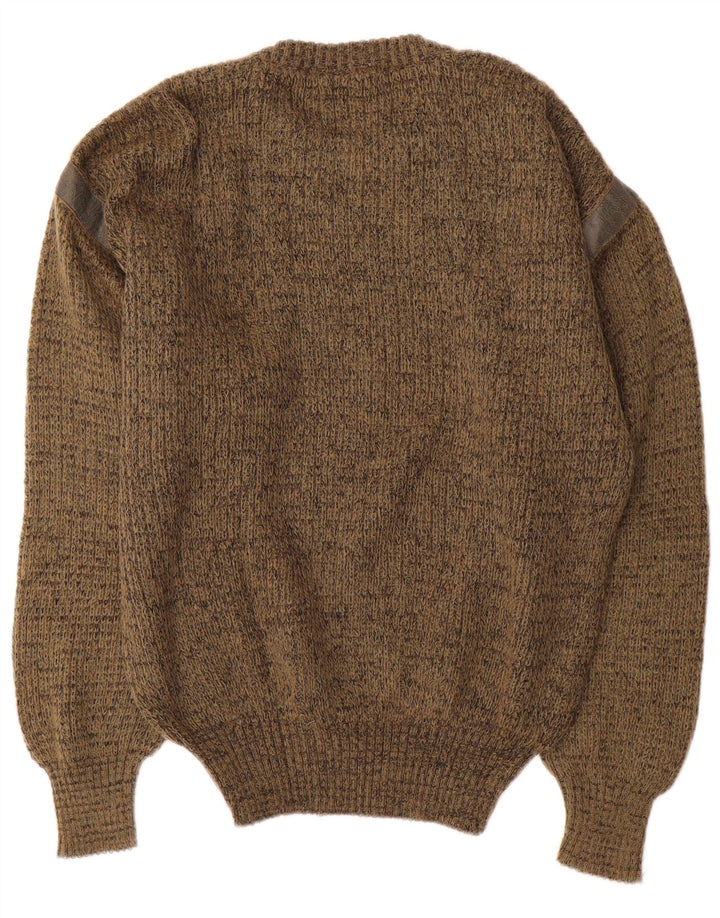 Męski sweter z okrągłym dekoltem w stylu vintage, średni khaki nakrapiany