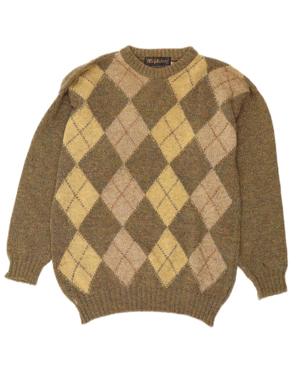Vintage męski sweter z okrągłym dekoltem UK 40 Medium Khaki Argyle/Diament