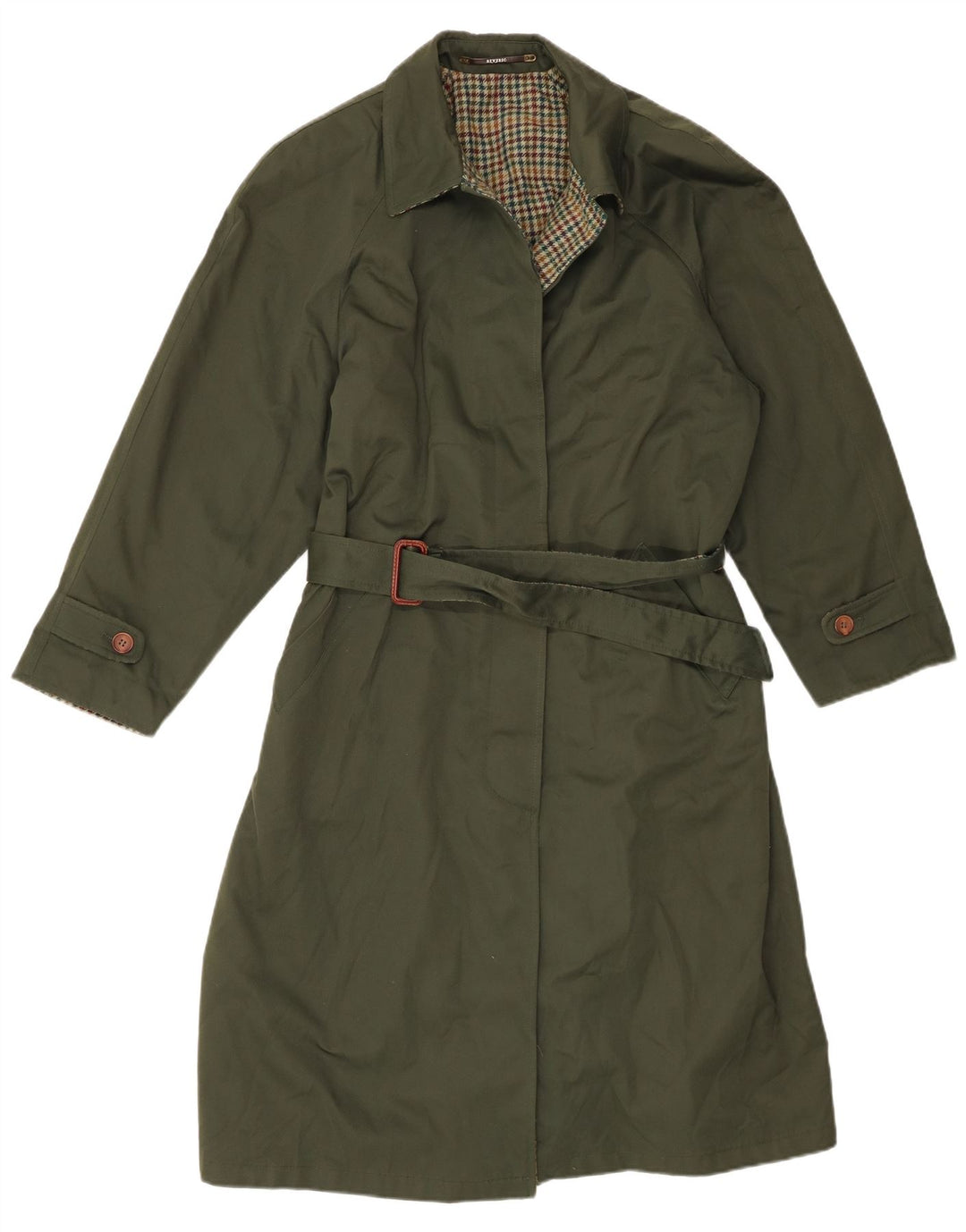 Dwustronny trencz damski w stylu vintage IT 46, duży, zielony poliester w kratkę