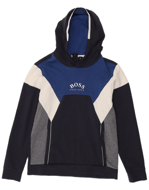Męski sweter z kapturem i grafiką Hugo Boss, średni granatowy, bawełniany blok kolorów