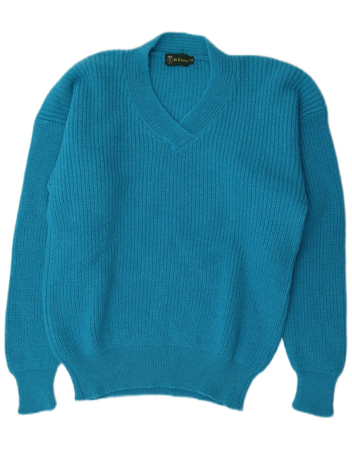Męski sweter w stylu vintage z dekoltem w szpic IT 50 Średni niebieski wełniany