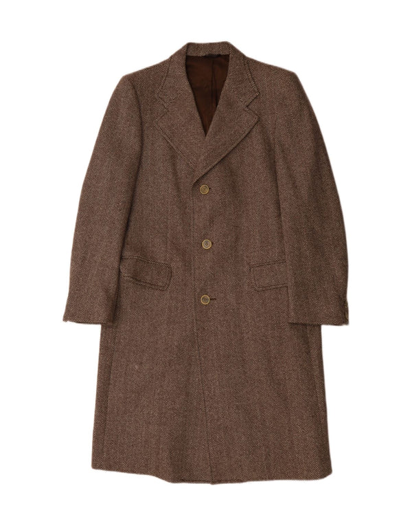 Płaszcz męski w stylu vintage UK 36, mały, brązowy, z dziewiczej wełny w jodełkę