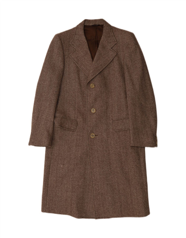 Płaszcz męski w stylu vintage UK 36, mały, brązowy, z dziewiczej wełny w jodełkę