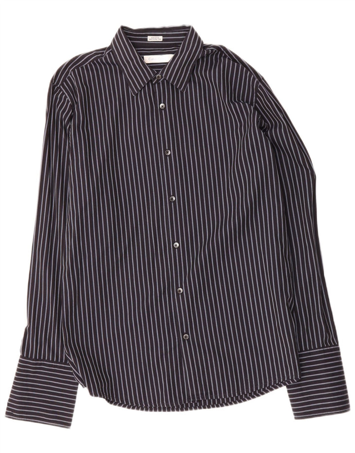 CALVIN KLEIN Mens Formal Shirt Large Navy Blue Striped Cotton