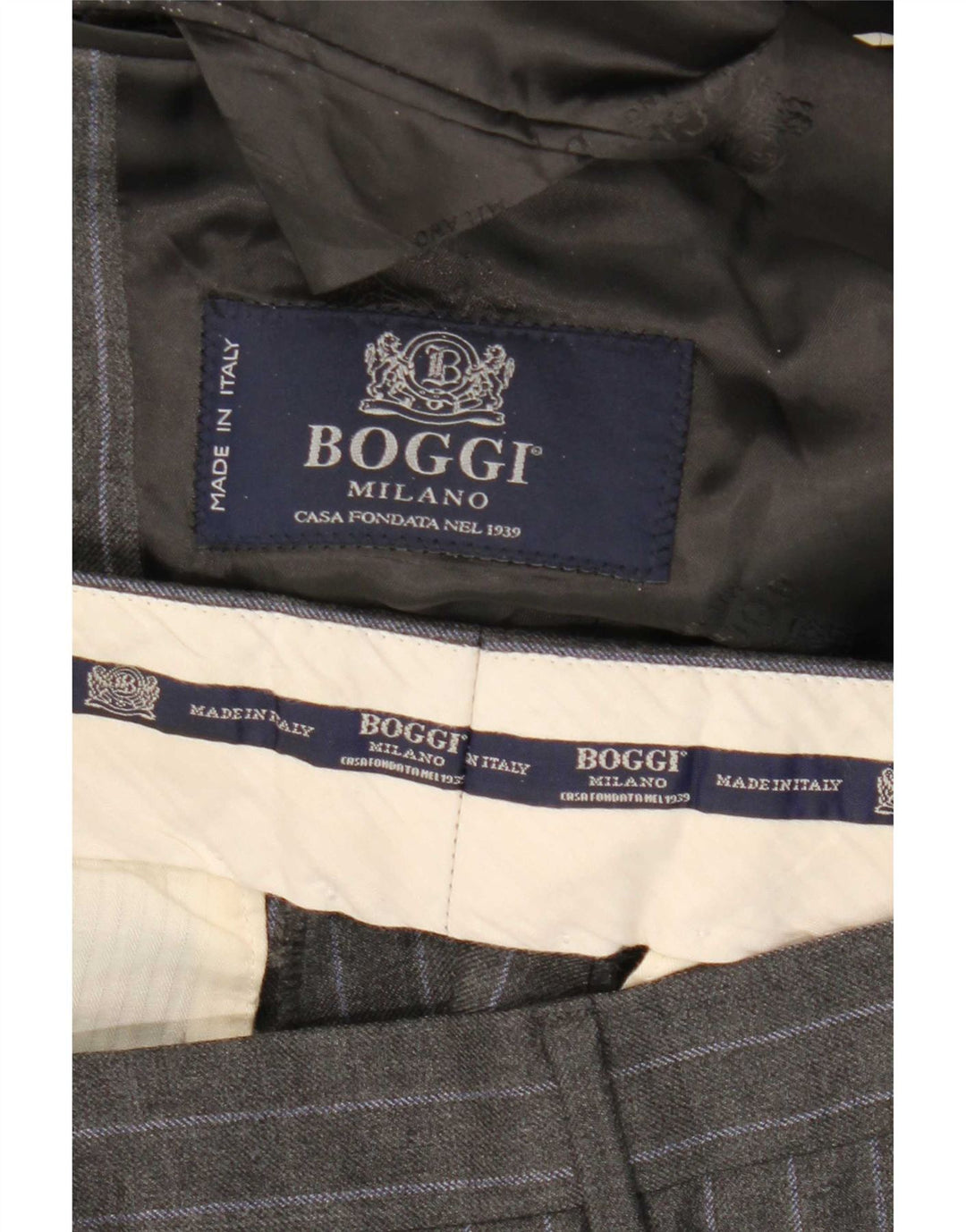 Boggi Męski garnitur zapinany na 2 guziki IT 48 Medium W31 L32 Szara wełna w prążki