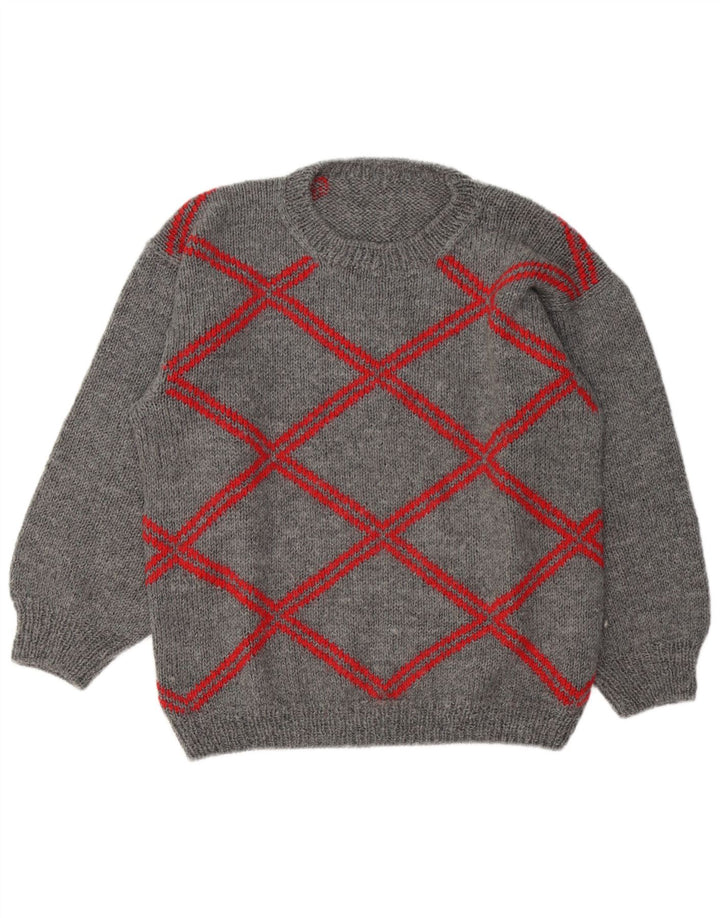 Vintage męski sweter z wycięciem pod szyją, duży, szary, geometryczny