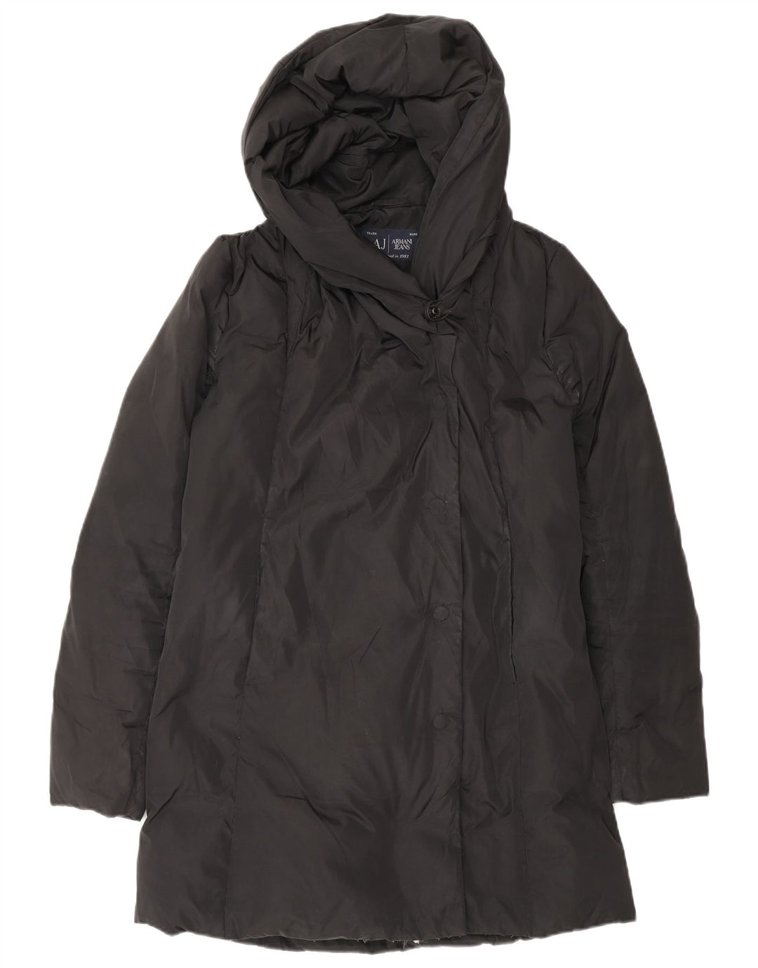 ARMANI JEANS Damski, oversize'owy, ocieplany płaszcz z kapturem IT 38 XS, czarny poliester