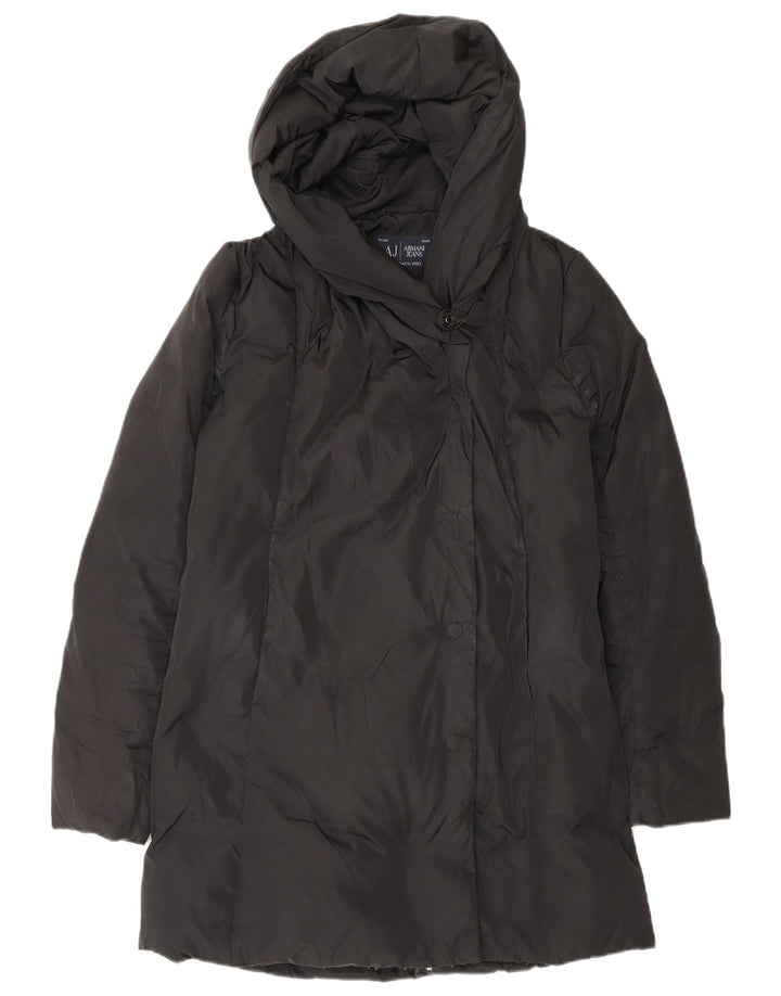 ARMANI JEANS Damski, oversize'owy, ocieplany płaszcz z kapturem IT 38 XS, czarny poliester