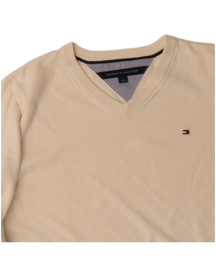 TOMMY HILFIGER Męski sweter z dekoltem w kształcie litery V, średniej wielkości, wykonany z bawełny w kolorze złamanej bieli