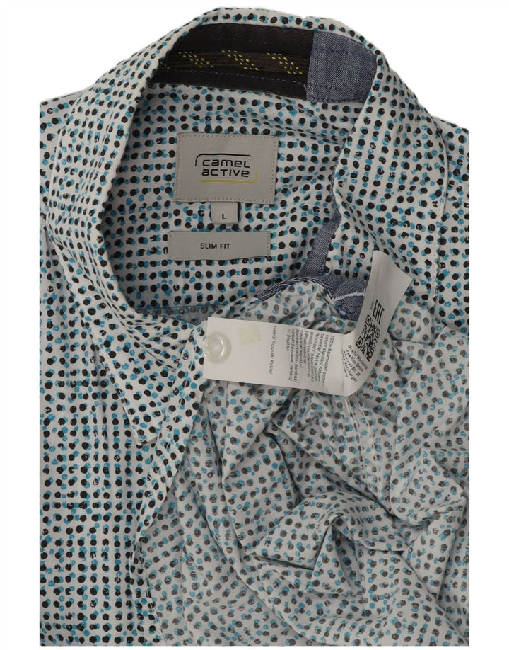 Camel Active Męska koszula slim fit z krótkim rękawem, duża, niebieska bawełna w cętki