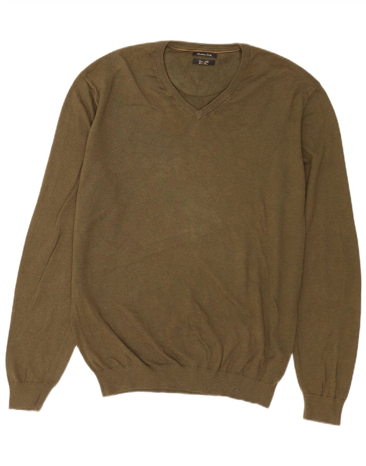 Męski sweter Massimo Dutti z dekoltem w kształcie litery V, XL, bawełniany khaki