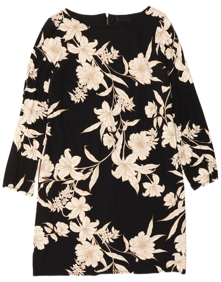 WALLIS Womens Long Sleeve Shift Dress UK 12 Medium  Black Floral Viscose