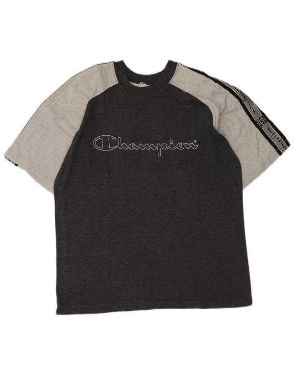 Męski T-shirt Champion z grafiką, mały, szary, bawełniany z blokami kolorów