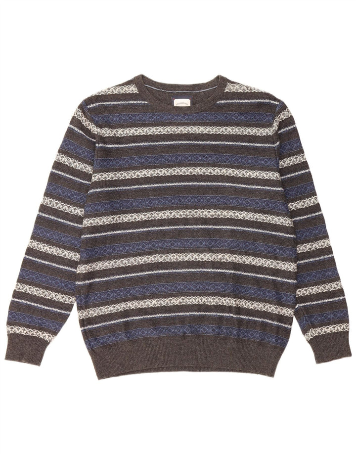 Męski sweter z okrągłym dekoltem w stylu vintage, średnioszary, bawełniany w paski