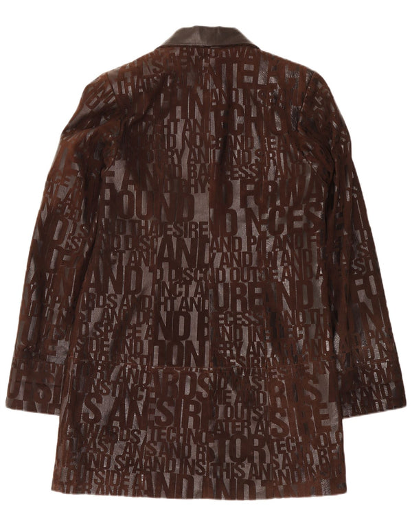 Vintage damski płaszcz skórzany z grafiką UK 14, średnia brązowa skóra