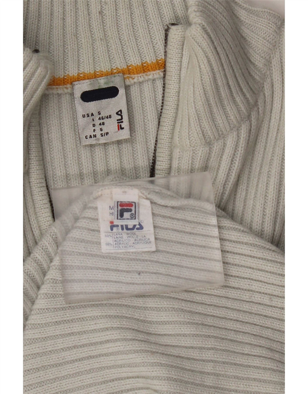 FILA Damski sweter z zamkiem błyskawicznym UK 10, wełniany w małe szare paski