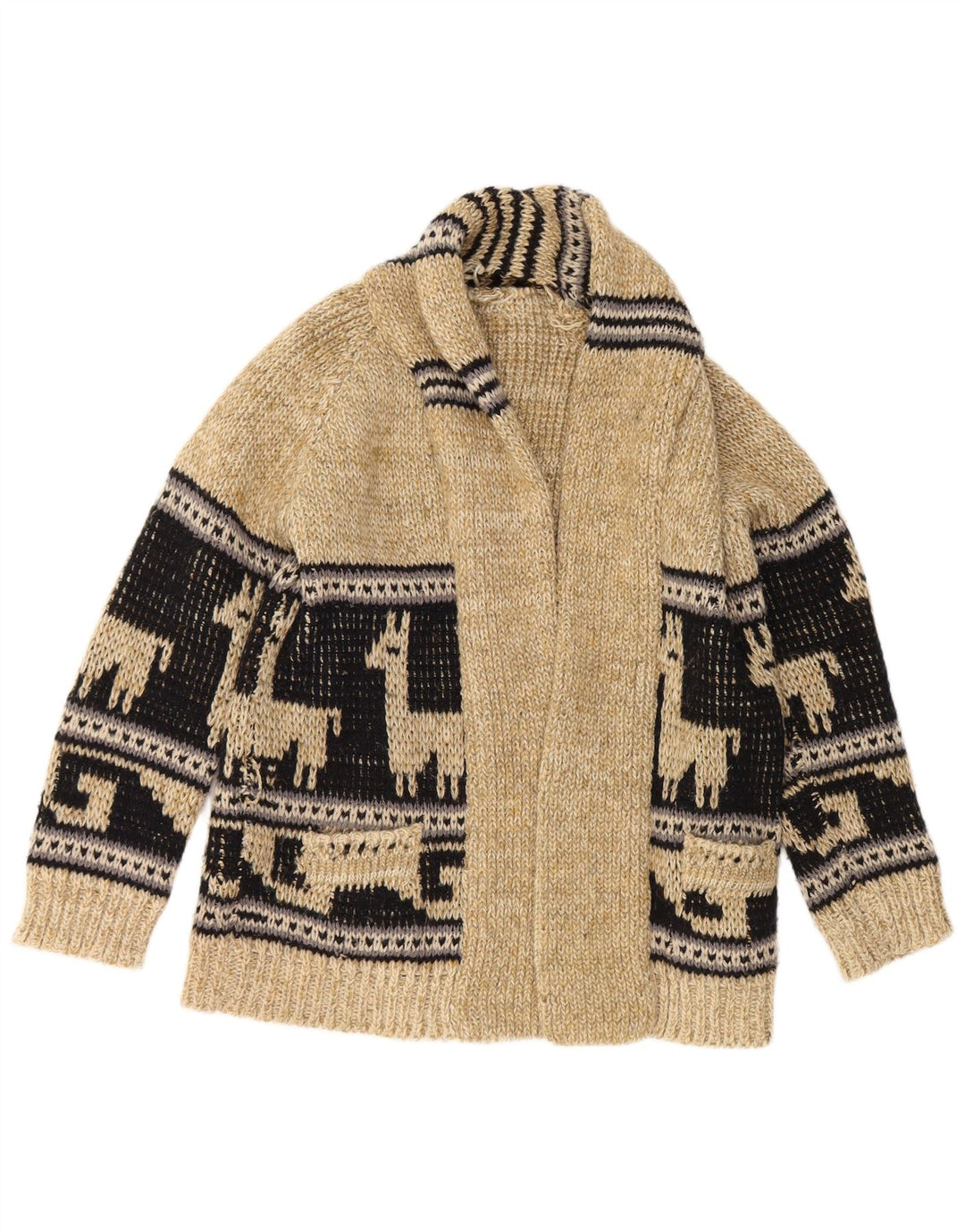 Męski sweter w stylu vintage, graficzny, otwarty kardigan, średni beż, blok kolorów