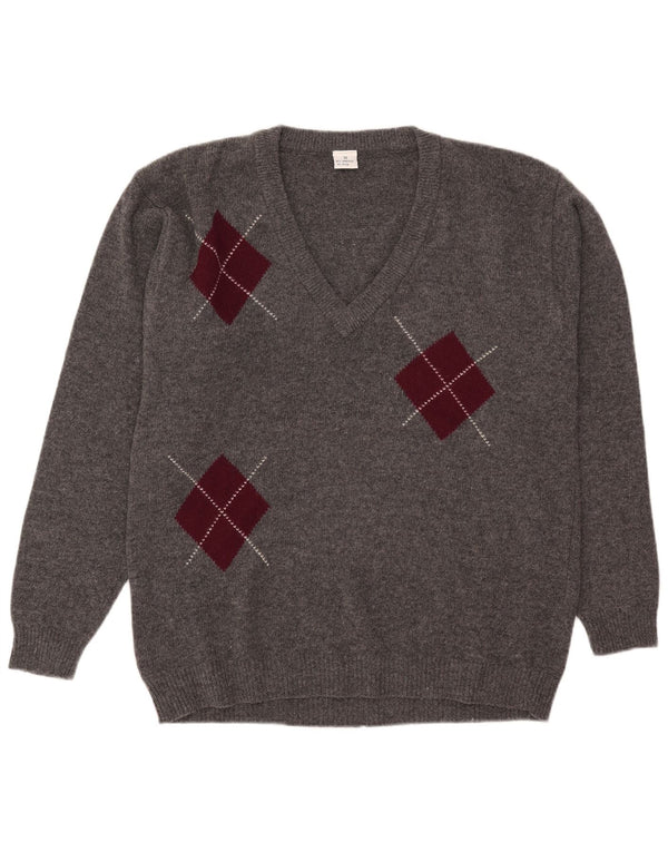 Męski sweter w stylu vintage z dekoltem w szpic IT 52, duży, szary, argyle/diament