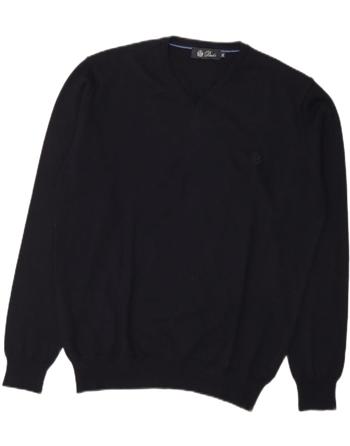 Męski sweter z dekoltem w kształcie litery V, XL, granatowy, wełniany