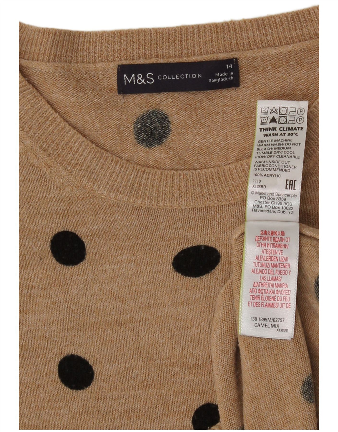 Sweter damski Marks & Spencer z okrągłym dekoltem, UK 14, średni czarny w cętki